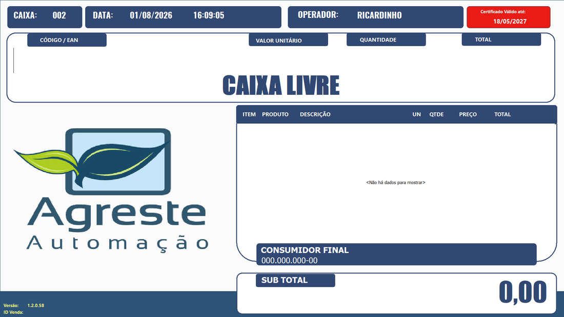 Tela de caixa livre do PDV Mercado