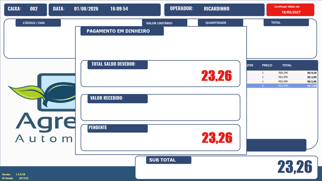 Tela de pagamento em dinheiro do PDV Mercado