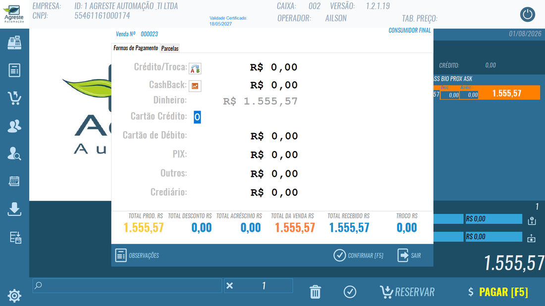 Tela de formas de pagamento do PDV multissegmento