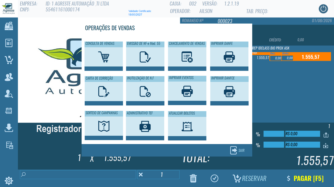 Menu de operações de vendas